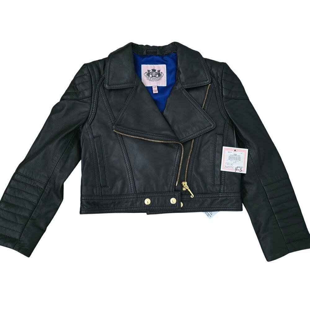 Juicy Couture Lamb Leather Motorcycle Jacket Girls 4/5 Black Biker Y2K Winter